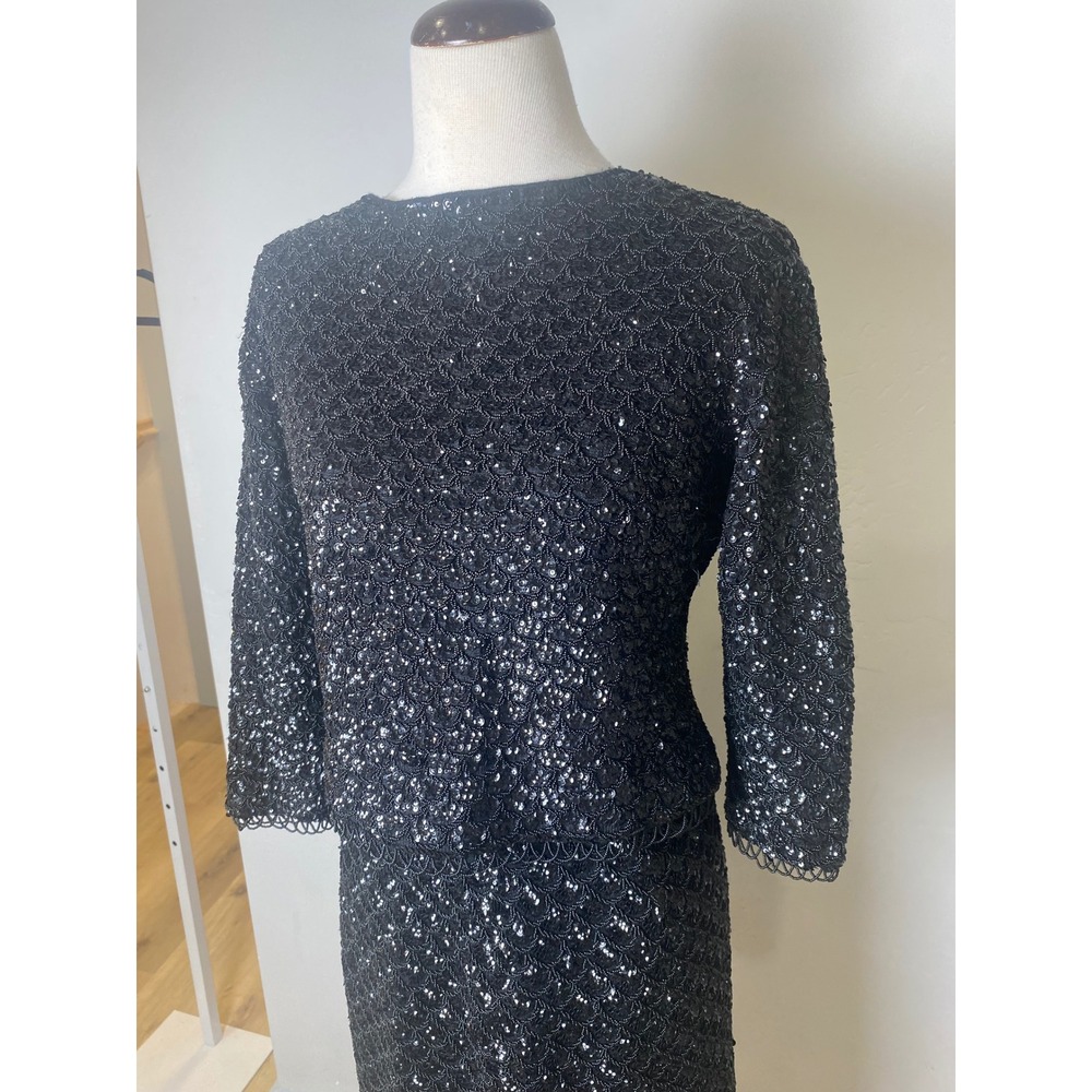 Vintage Doreen Black Sequin Beaded 2 Piece Skirt Set Hand Decorated Hong Kong - Picture 3 of 13